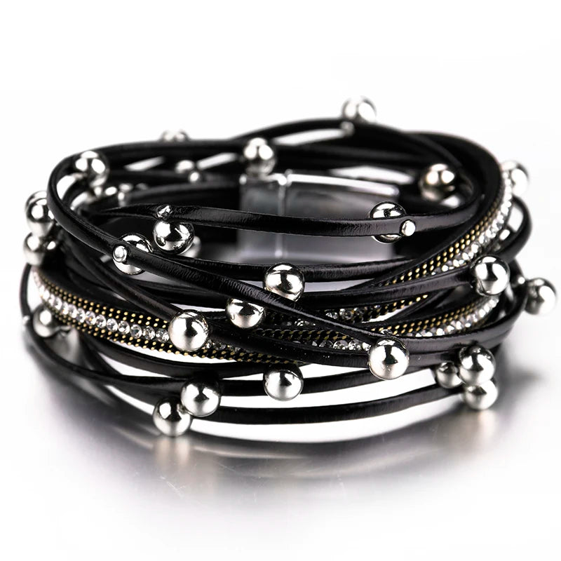 Pulseras de cuero PU con dijes de cuentas de metal para mujeres y hombres, cadena de cristal a la moda, pulsera envolvente multicapa bohemia.